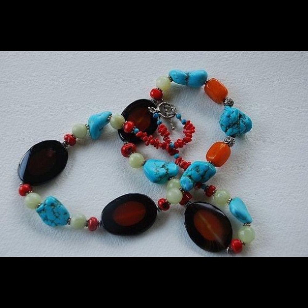 Sterling chunky turquoise coral jade necklace